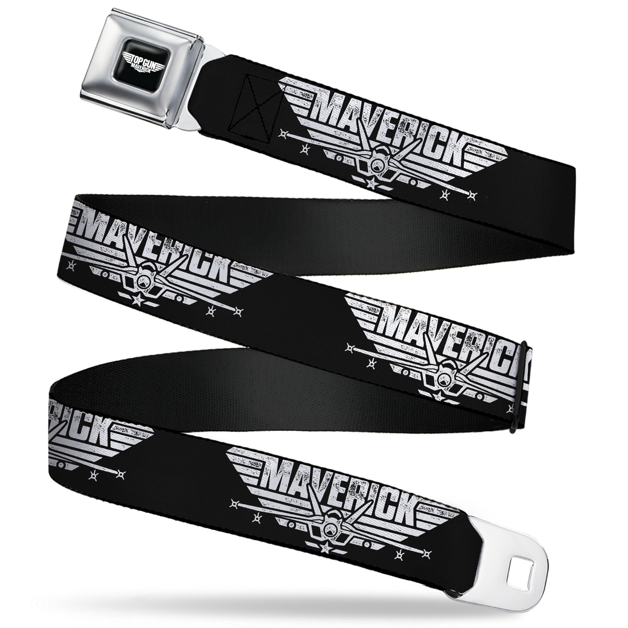 Top Gun Belt, Seatbelt Buckle Belt, Top Gun Maverick Fighter Jet Logo Weathered Black White, Youth 20 to 36 Inches