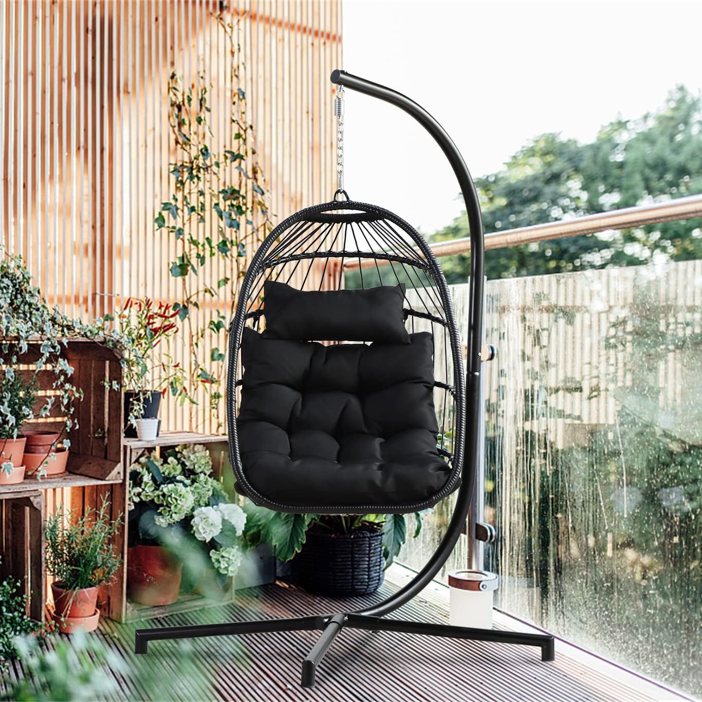 Egg Chair with Stand, Wicker Hammock Chair for Patio, All-Weather Foldable Hanging Chair Includes Cushion & Rope Back, for Indoor & Outdoor Use Black