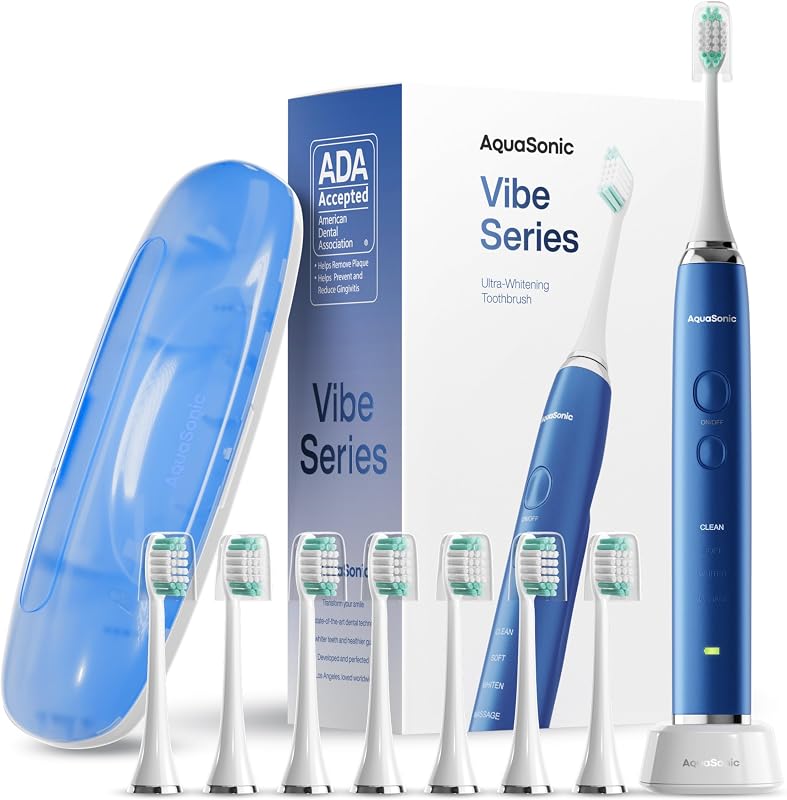 Cepillo de dientes ultrablanqueador Aquasonic Vibe Series - Cepillo de dientes eléctrico aceptado por ADA - 8 cabezales de cepillo y estuche de viaje - Motor de 40,000 VPM y carga inalámbrica - 4 modos con temporizador inteligente - Azul zafiro