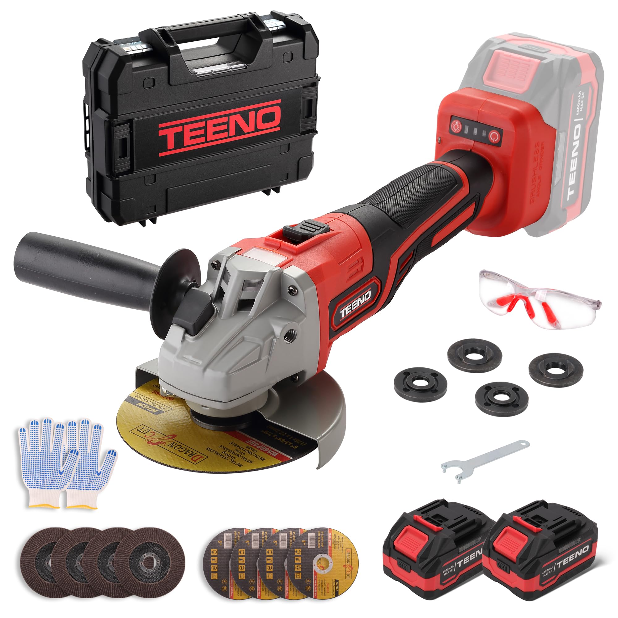 TEENO Amoladora angular inalámbrica, Amoladora batería Ø 125 mm | Radial batería Motor sin escobillas 21V 1000W,2 baterías 4,0 Ah,Velocidad 9100 rpm ,Maletín + Disco de corte