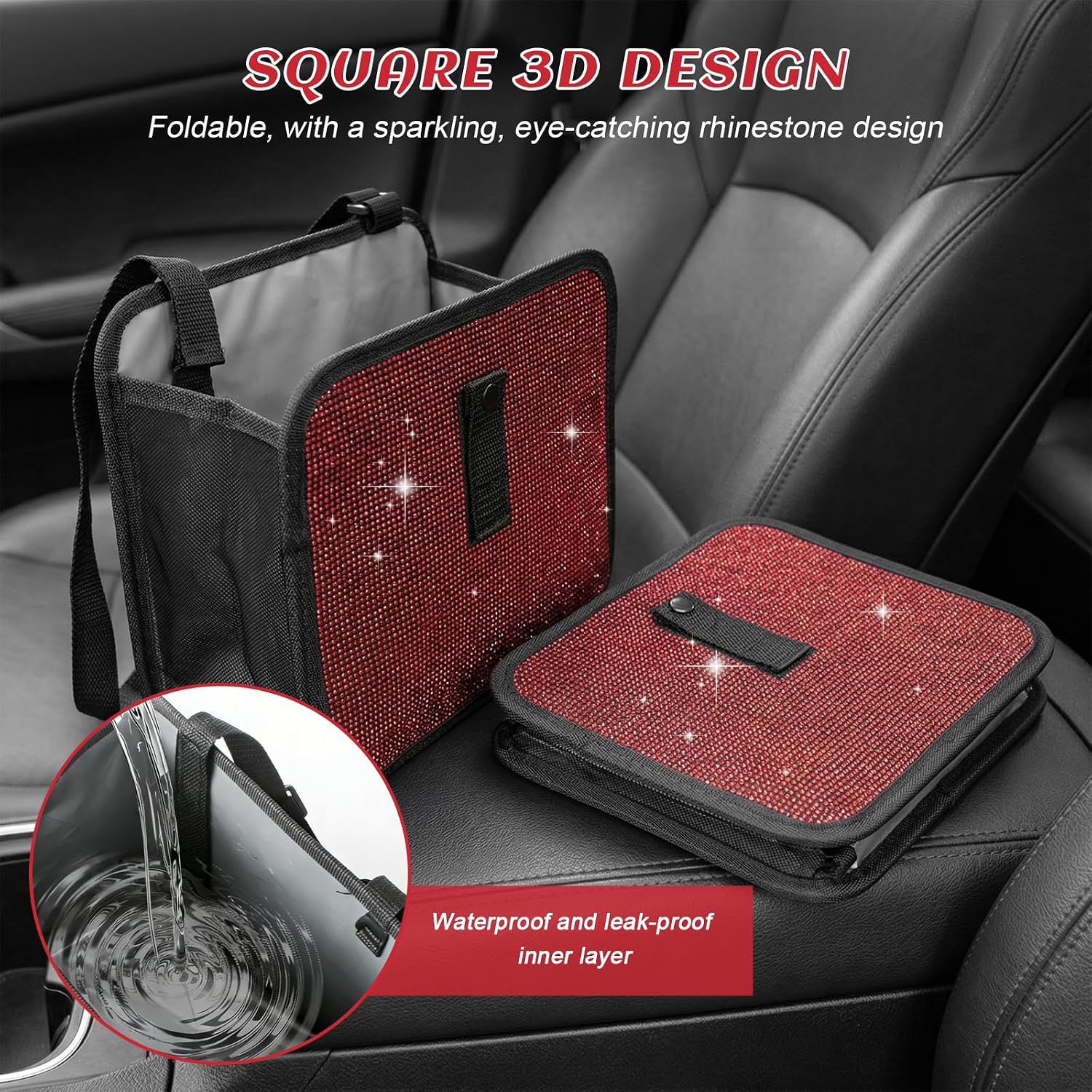 Foldable Car Trash Can with Rhinestone, Bling Auto Headrest Hanging Garbage Container, Waterproof Shiny Seat Organizer Trash Bin for Most Cars SUVs Trucks, Car Accessories (Red) image 4