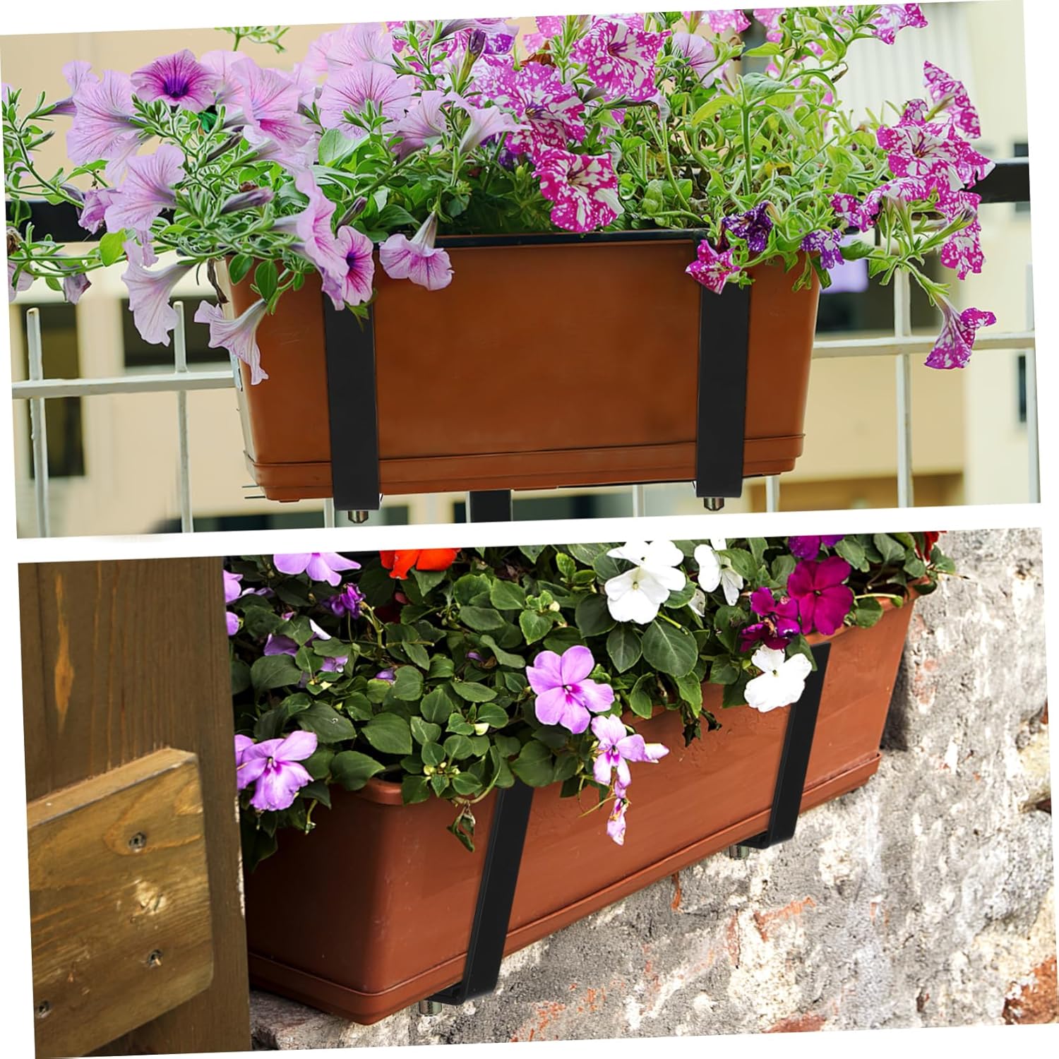 Kisangel 2pcs Adjustable Flower Box Brackets for Railing Sturdy Planter Hooks for Securely Hanging Window Boxes and Plant Containers Decks and Balconies