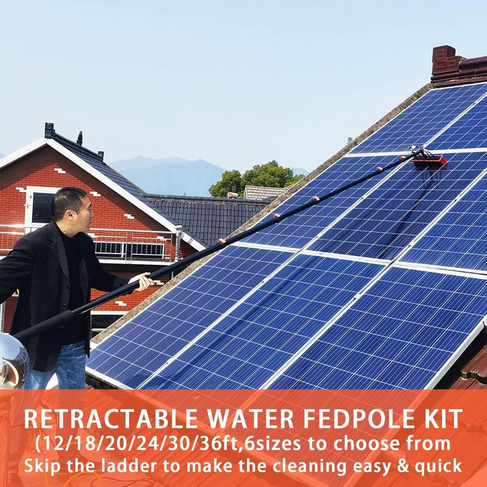 Exble - Kit de limpieza de ventanas y paneles solares de 12 a 36 pies, poste alimentado con agua con cepillo y limpiador en aerosol, solución de limpieza para uso doméstico y exterior