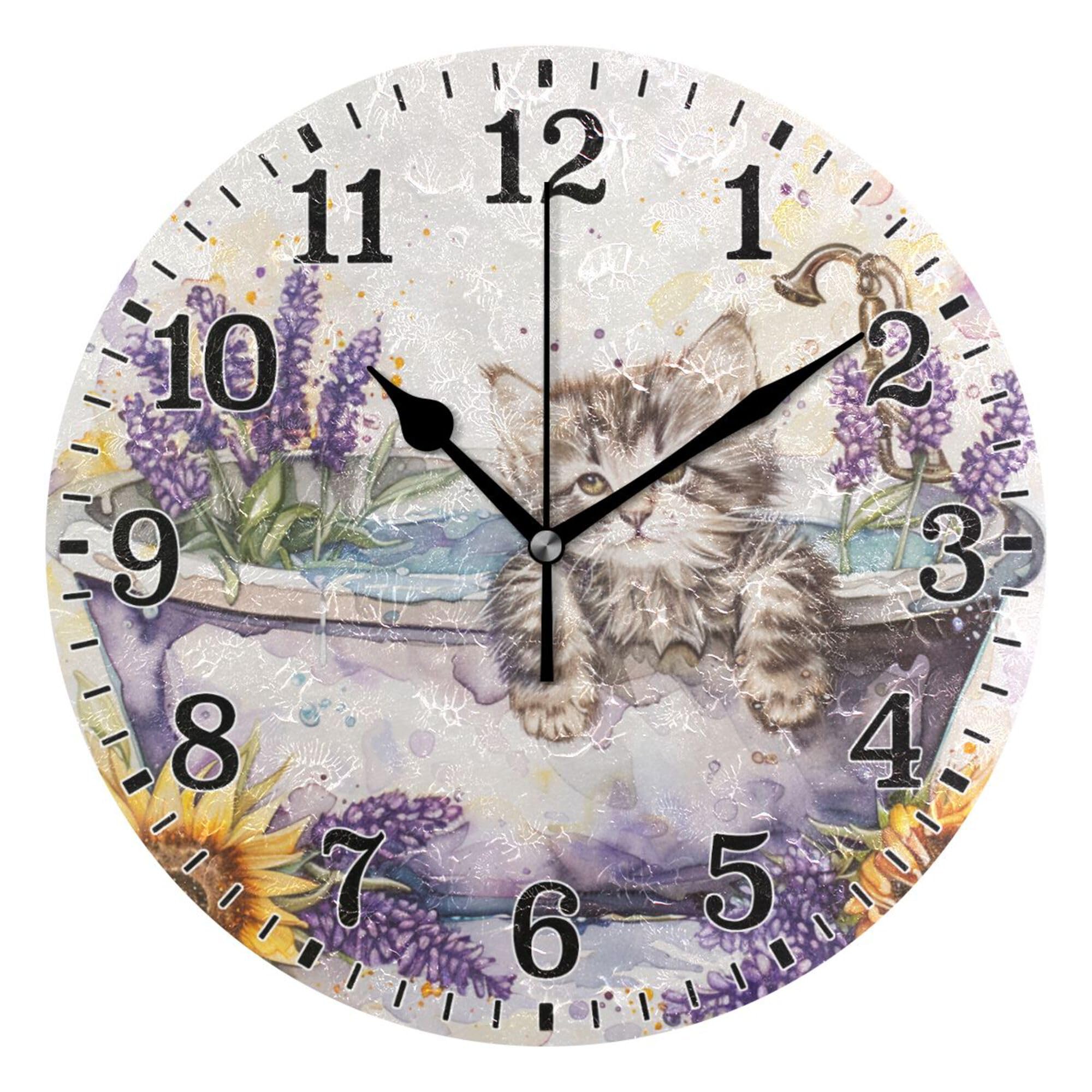 Relojes de baño de 10 pulgadas para pared de cocina redondos con lindo gatito y lavanda