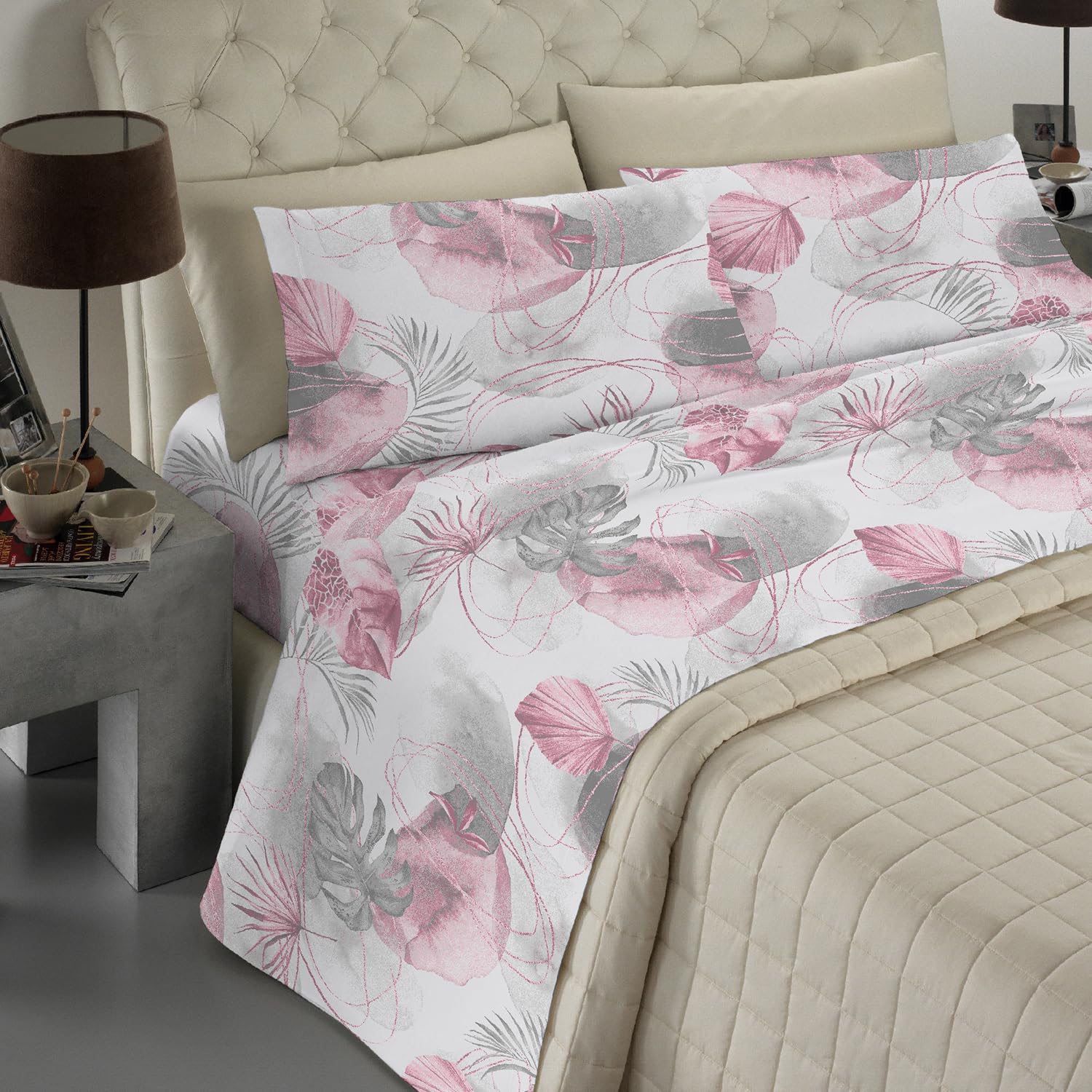 Banzaii - Completo Lenzuola Matrimoniale Maxi In Microfibra Made In Italy Con Angolo h 30 cm Alessia Rosa
