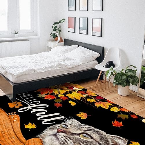 Miniatura 5 de Large Indoor Runner Rug 2' 7" x 5', Hello Fall Non-Skid Accent Area Carpet, Thanksgiving Cat Red Orange Maple Leaf Classic Black Washable Area Rug