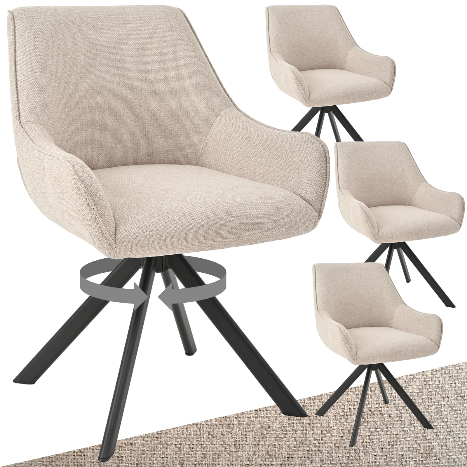 Juego de 4 sillas de comedor giratorias con reposabrazos – Silla acolchada giratoria 360° de lino moderna, silla de cocina con estructura metálica y respaldo para comedor, sala de estar
