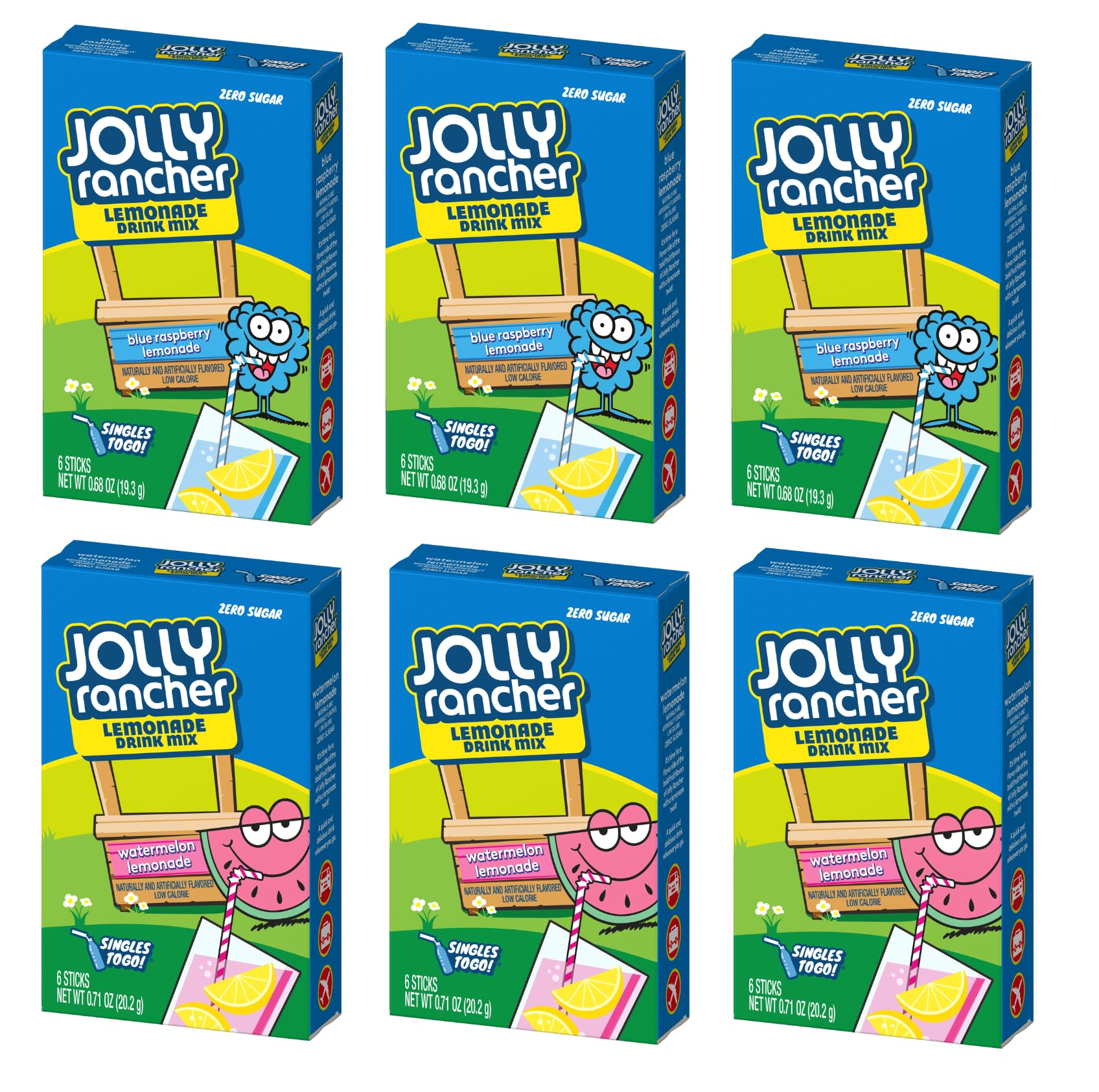 Jolly Rancher Drink Mix Lemonade Variety Pack, 3 Blue Raspberry Lemonade and 3 Watermelon Lemonade (Pack of 6)
