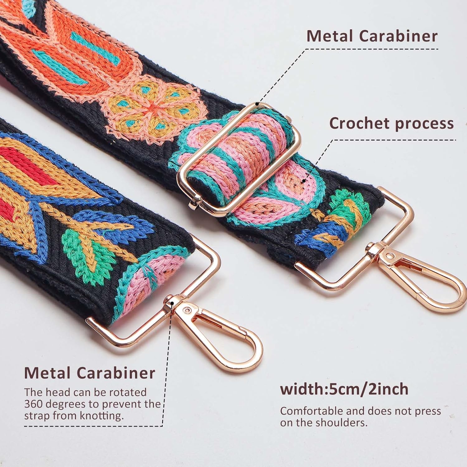 Snycler Wide Purse Straps Crochet Flower Replacement Crossbody for Handbag Adjustable 33-53inch Embroidery Knit Guitar Shoulder Strap (boho2-black) - Image 4