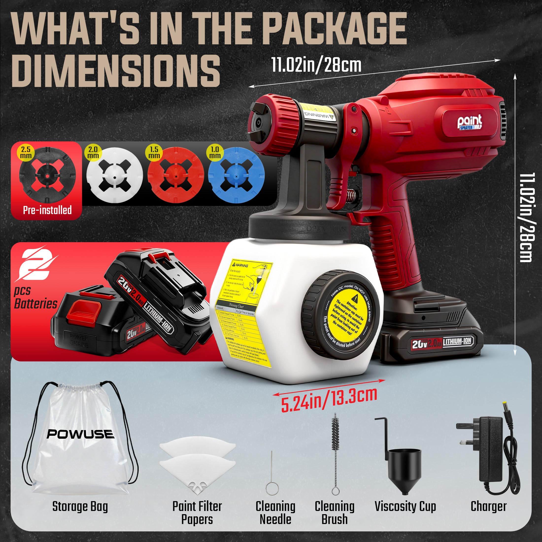 Cordless Paint Sprayer with 2x 2.0Ah Batteries & Charger, Quick Side-Fill 1200ML Container, 4 Nozzles - Image 9
