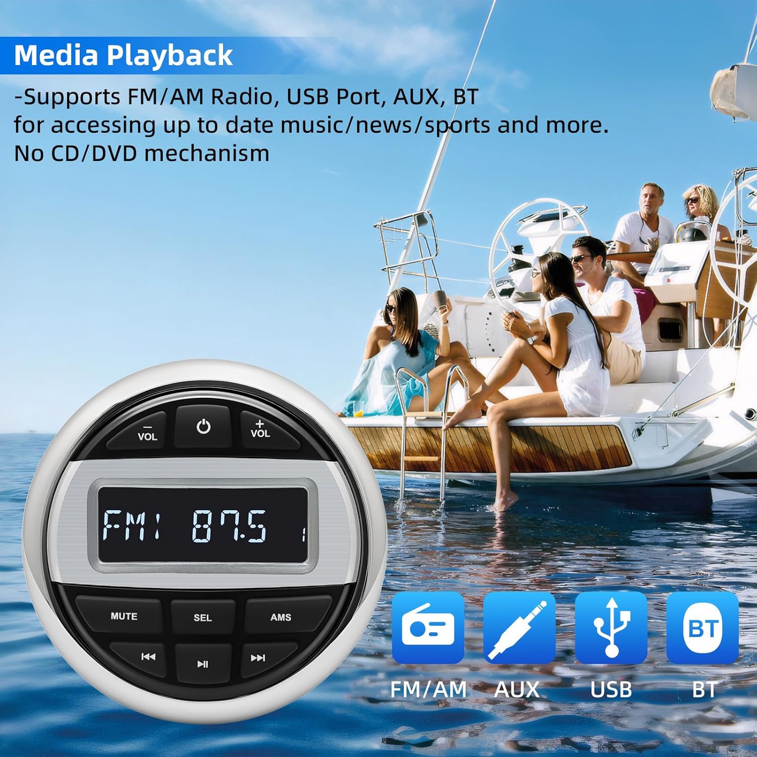 MH Marine Boat Stereo Gauge Receiver - Audio Systems, Wireless Connection, AM/FM, USB Port, AUX, No CD DVD Player, Radio Receiver with Control