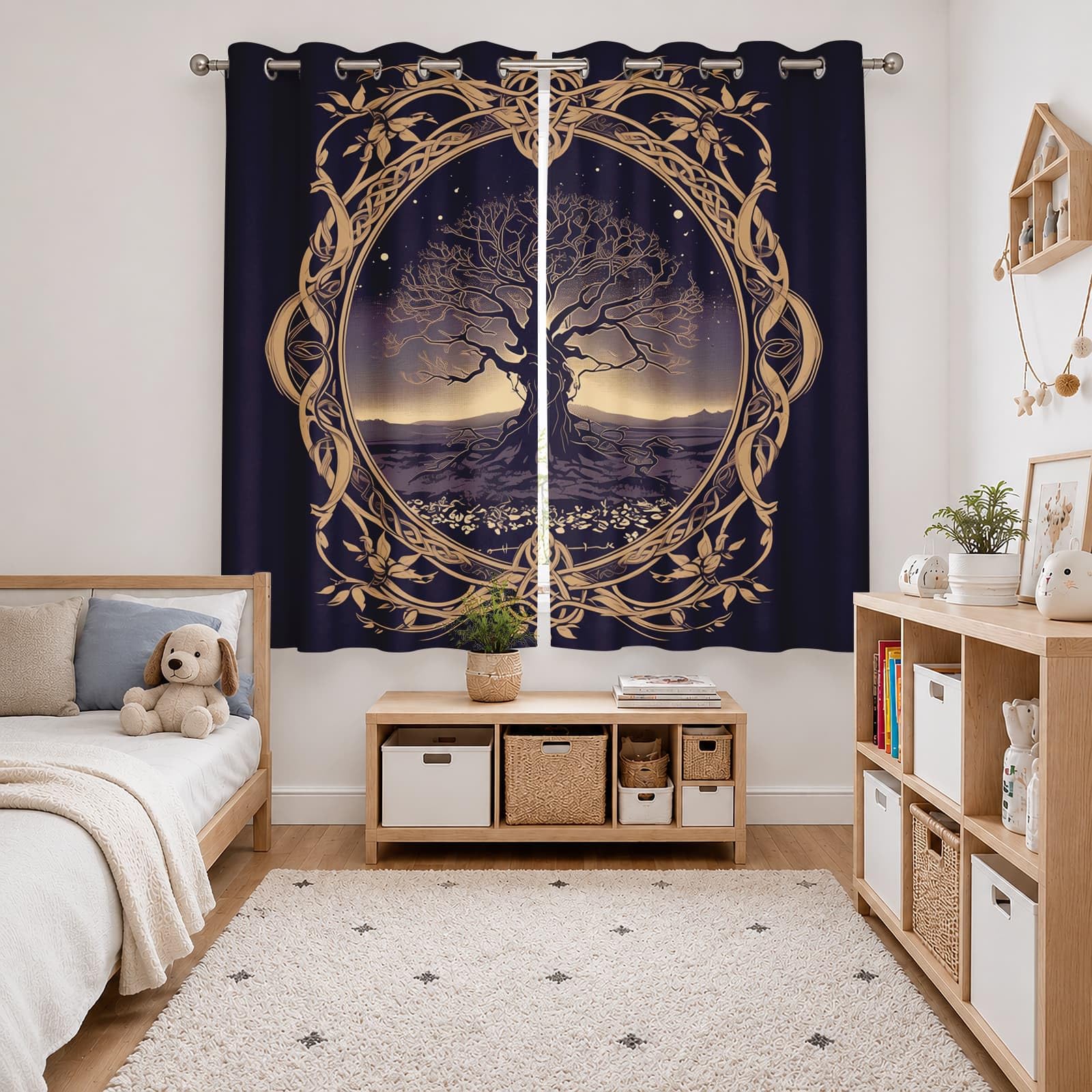 Genérico Aislantes Cortinas Opacas para NiñOs 140An x 260Al cm (2 Paneles), Tema del árbol de la Vida PoliéSter Cortinas Privacidad Morado Cortina con Ojales para Sala de Estar y Dormitorios