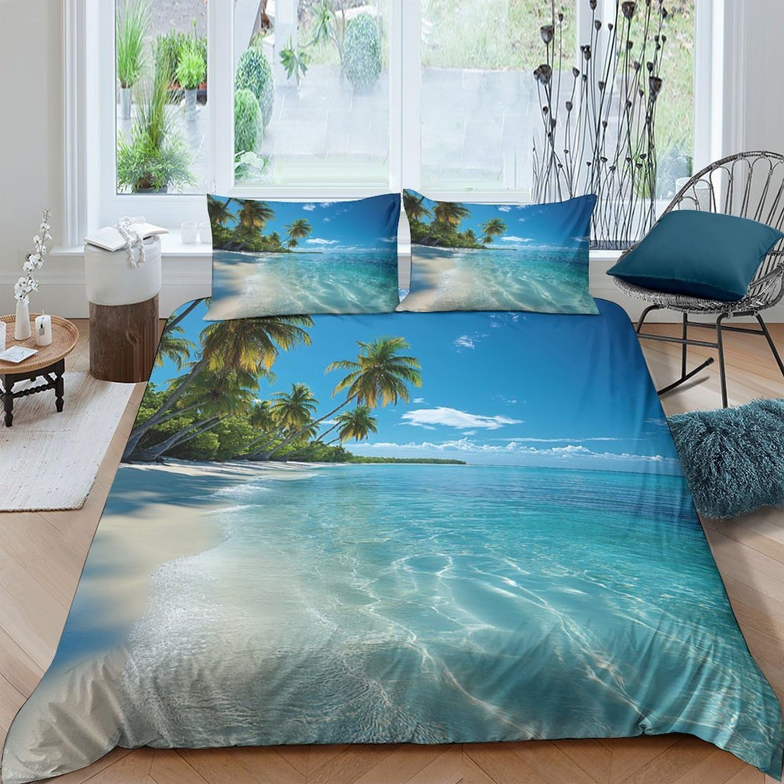 Ctjqhvkz Style-5 3D Printed Tropical Beach Fitted Sheet Microfiber Soft Blue Ocean Palm Mattress Cover For Bedroom Dorm Decor Single（135X200cm）