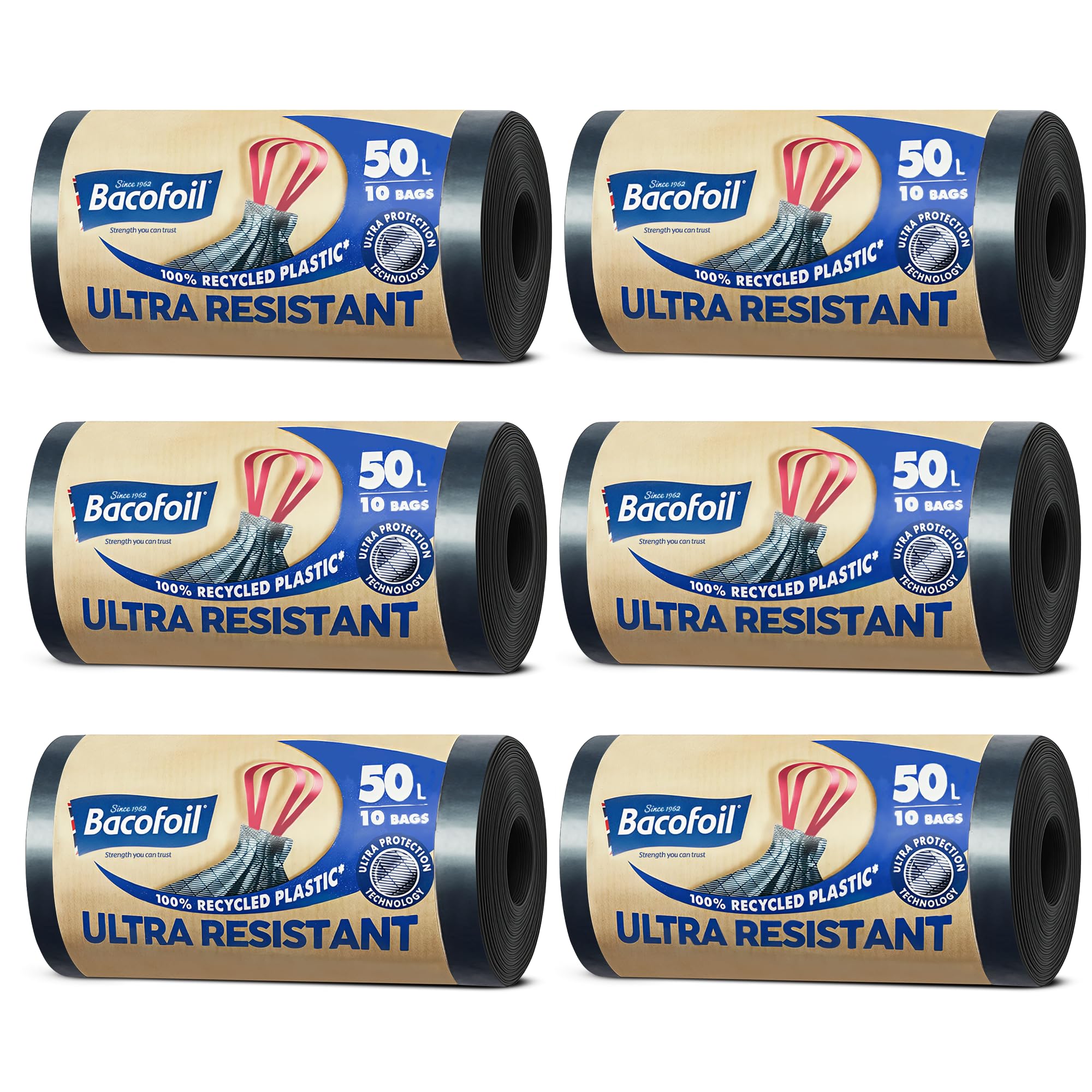 Bacofoil Ultra Resistant Bin Liners with Drawstring Handles 50L - Leak-Proof and Tear Resistant Bin Bag with Ultra Protection Technology (6 Rolls, 60 Bags)