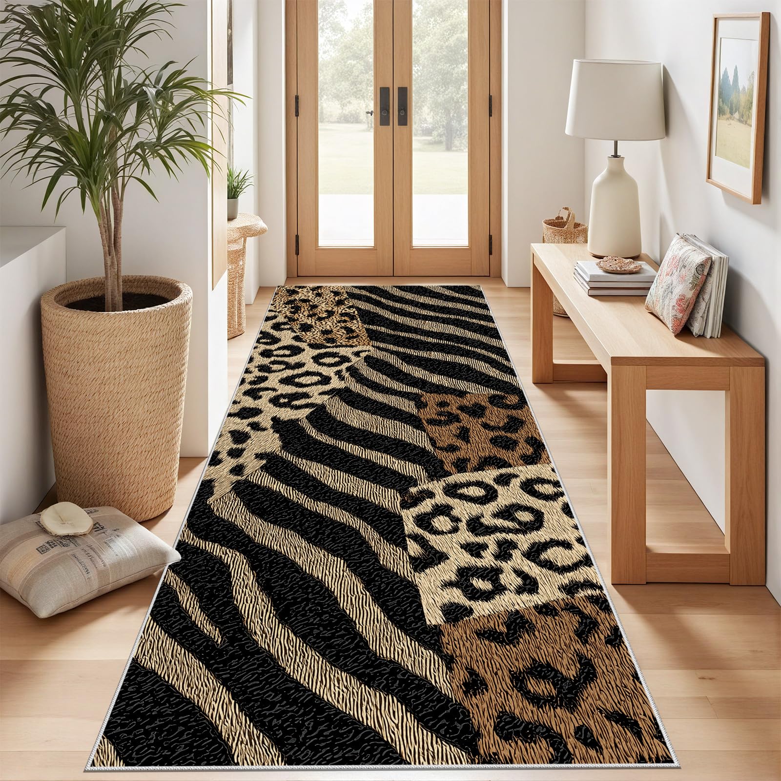 Retro Tier Patchwork Teppich Läufer 60x180 cm, Leopardenmuster rutschfest Teppichläufer, Vintage Zebramuster Kurzflor Küchenläufer, Waschbar, Faltbar, Carpet für Eingang, Küche, Wohnzimmer