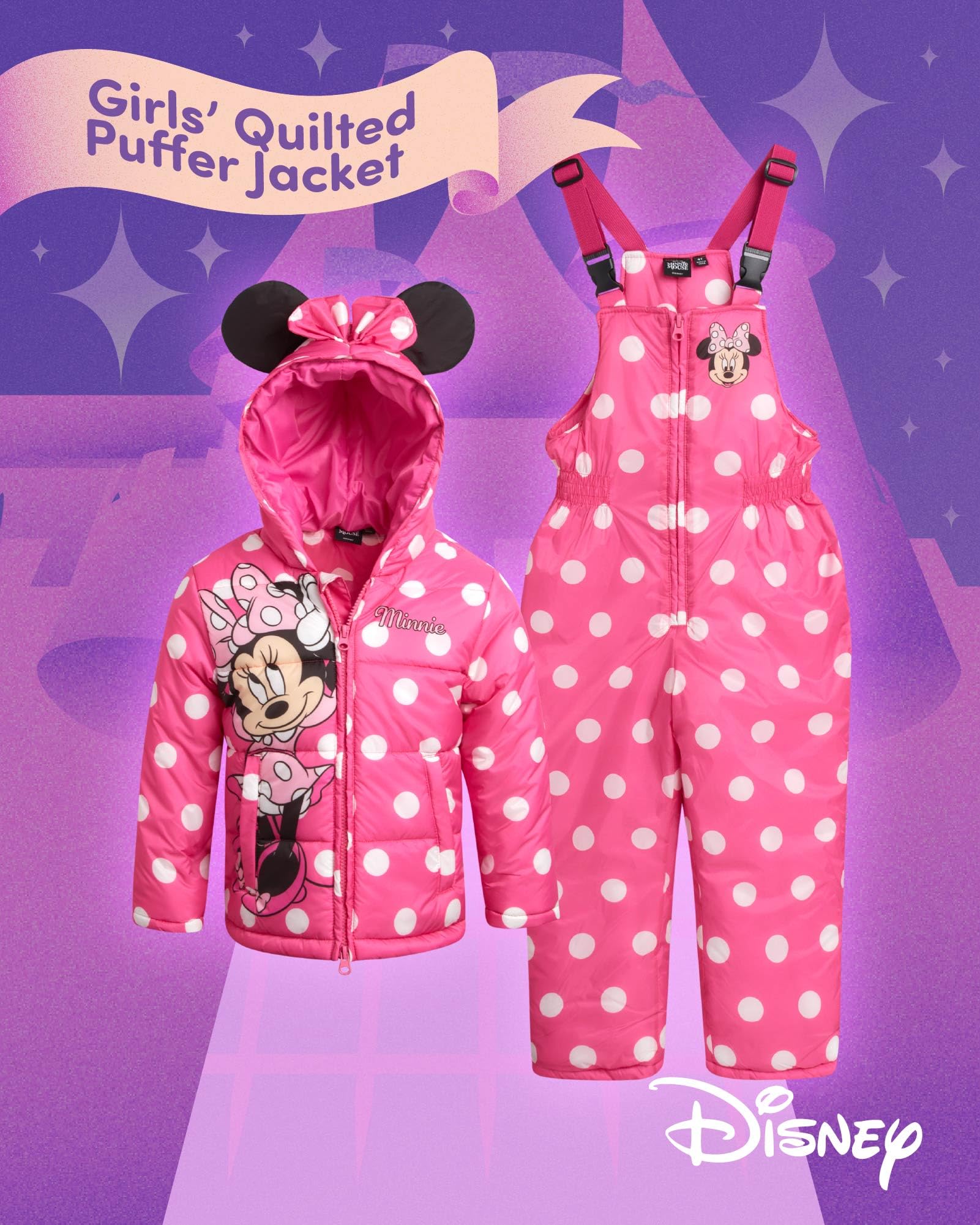 Disney - Juego de traje de nieve para niñas, Minnie Mouse, Lilo & Stich, 2 piezas, chamarra de esquí y pantalones de babero de nieve para niños pequeños (2T-7)