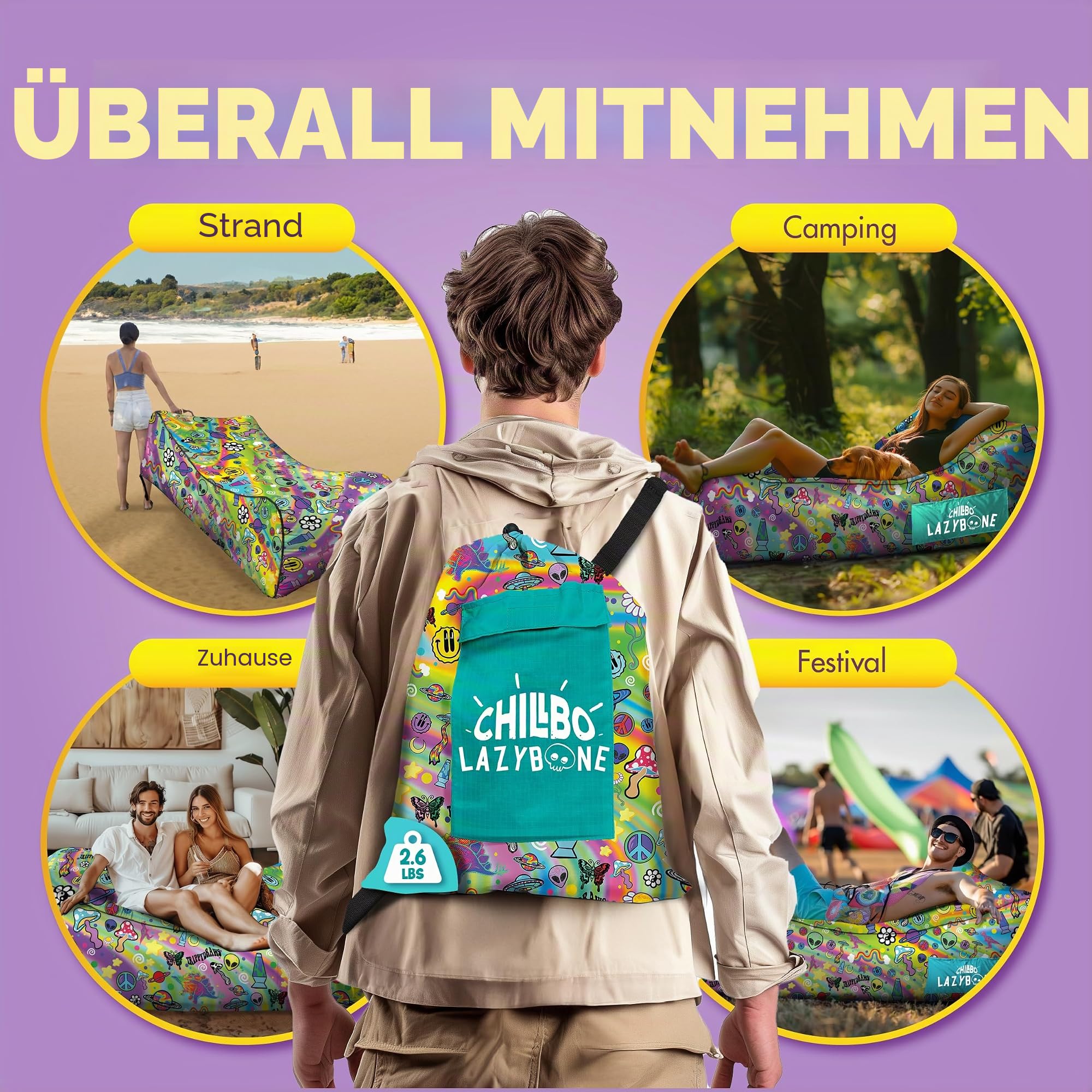 Chillbo x TrippyDraws Lazybone Aufblasbare Couch – Ultimative aufblasbare Liege für maximale Entspannung – Die perfekte aufblasbare Couch für Musikfestivals