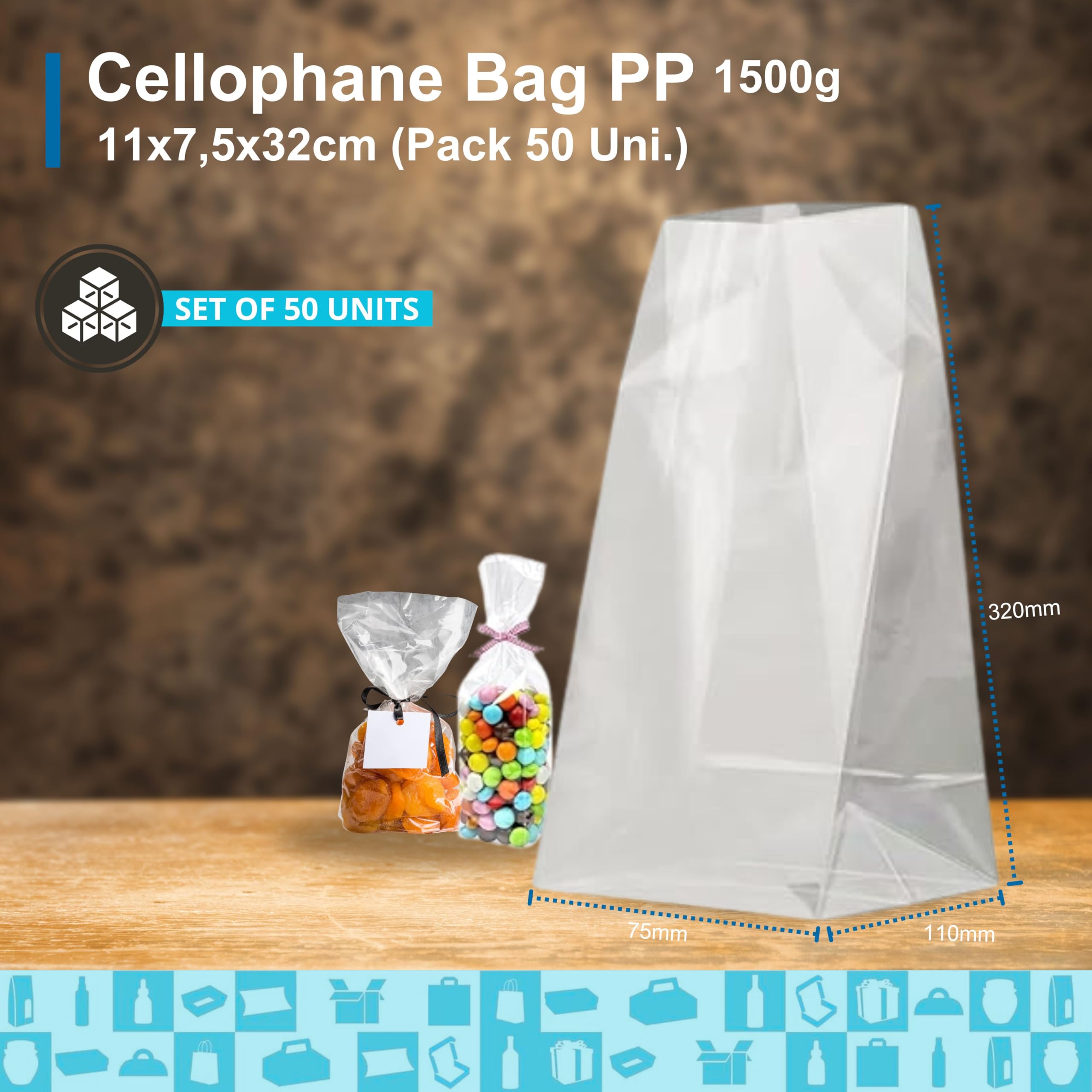 Paquete de 50 bolsas de celofán transparente con base de cartón 1500 g (11 x 32 cm) - Dulces, galletas, chocolate, frutas secas y regalos artesanales - perfectas para cumpleaños, boda, Navidad
