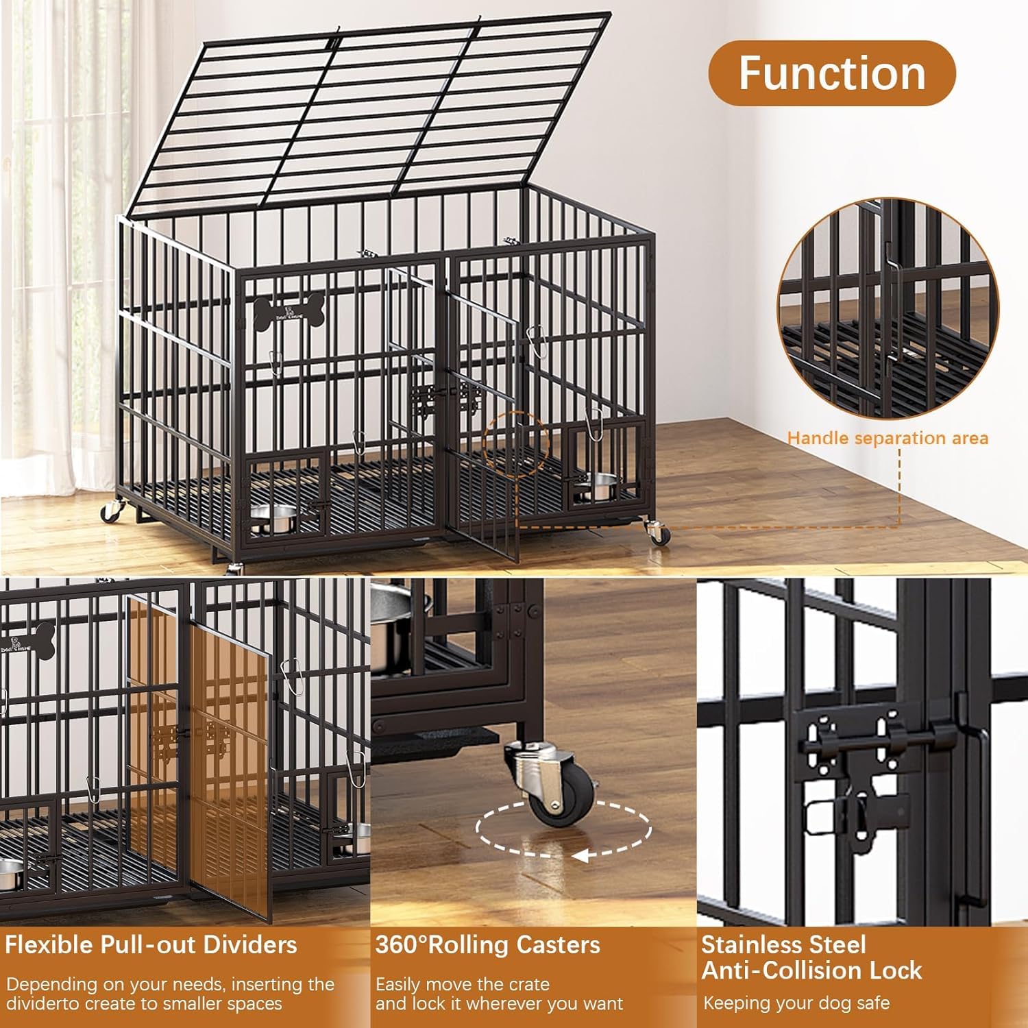 Jaula para perros con bandeja inferior, jaula para perros con divisor, 2 puertas y bandeja, caja doble 2 en 1 para perros grandes y medianos, 120 x 73 x 68 cm, color negro