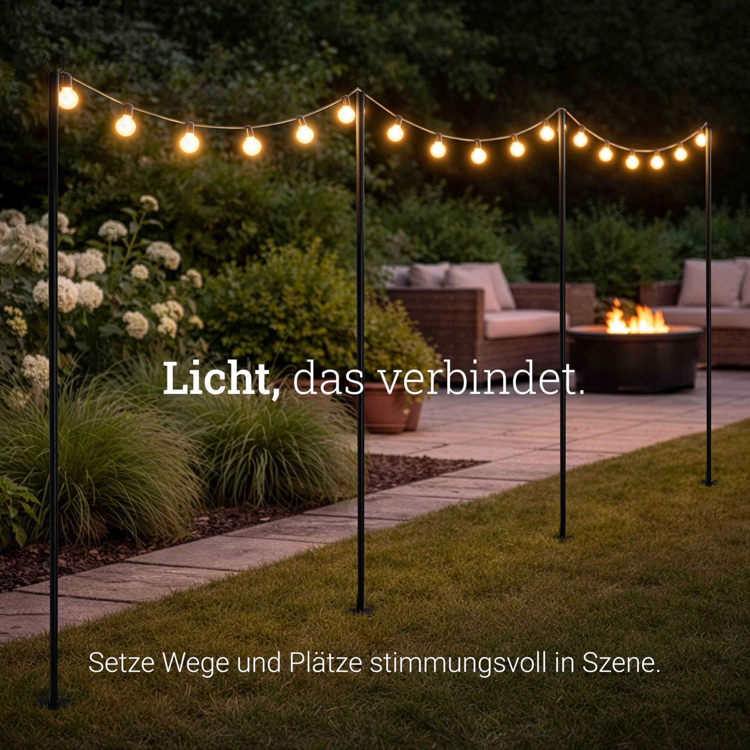 Natural Goods Berlin 4x Lichterkettenhalter - Lichterketten Halterung Outdoor - Lichtmast Schwarz Metall - Metallstange 3m - Stange Für Girlande Rostfrei - Halterung Lichterkette Befestigung Draußen