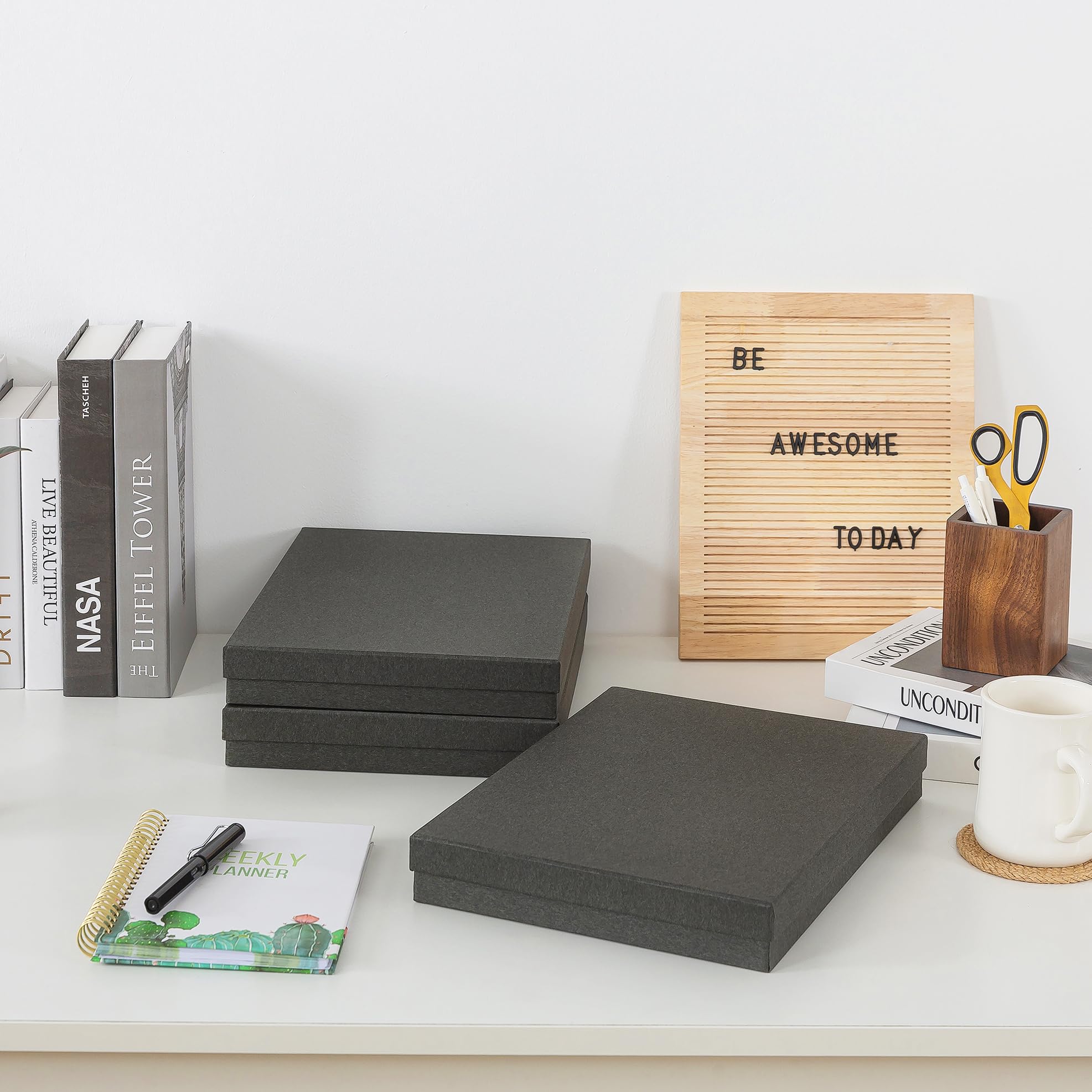 Soul & Lane Scatole portadocumenti, set di 3 (33,5 x 24,9 x 4,6 cm), organizer versatile per foto e artigianato, per casa e ufficio, impilabili, in cartone per lettere, file e cimeli, grigio ardesia