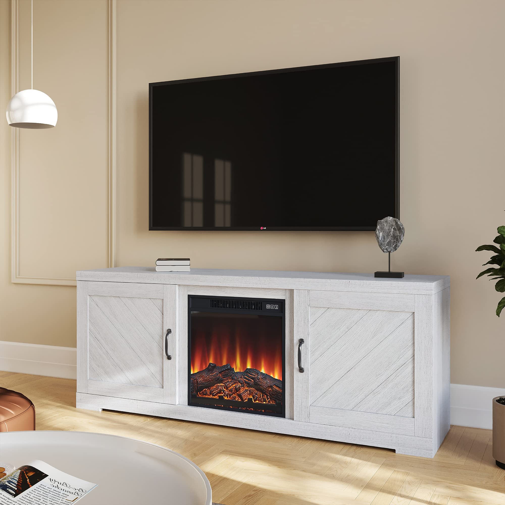 BELLEZE Modern 58 Inch Farmhouse Electric Fireplace TV Stand & Media Entertainment Center Console Table for TVs up to 65 Inch with Storage Cabinets and Infrared Heater - Hilo (Sargent Oak) ?57.87 x 15.74 x 23.38 inches