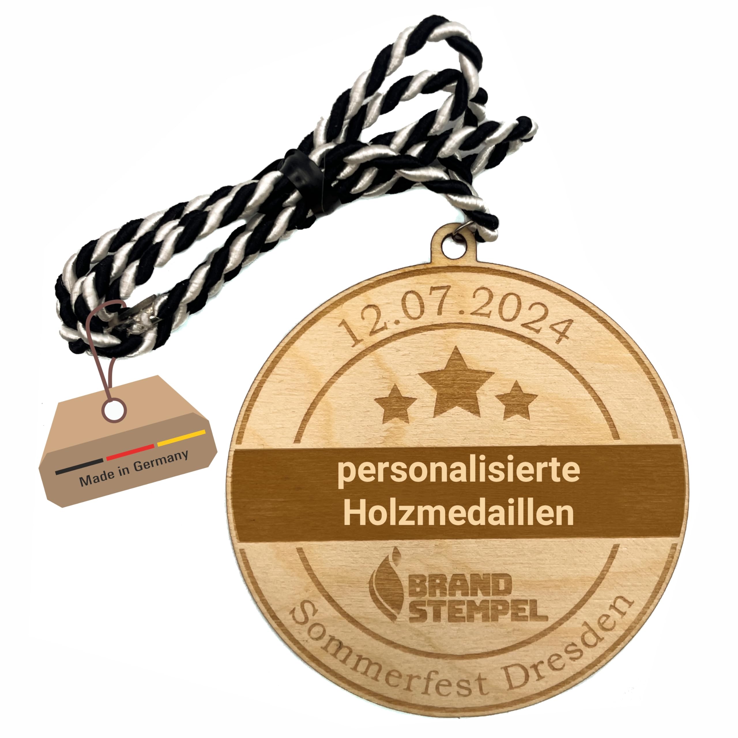 50 personalisierte Holzmedaillen mit bis zu 3 individuellen Wunschtexten + Logo/Sponsor gelasert, Durchmesser: 60 mm,inkl. Kordel in schwarz/weiß Radsport Vereine Schule Auszeichnungen