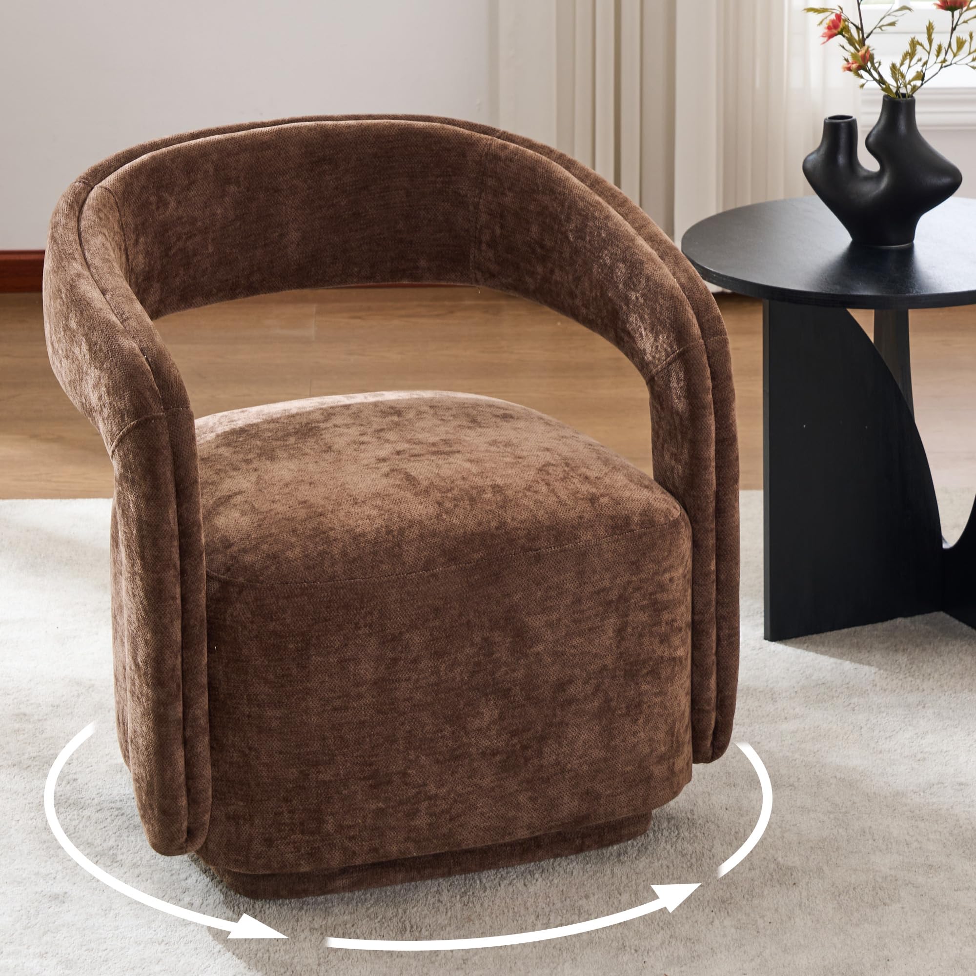 DEKKETO Chenille 360° Swivel Cuddle Chair with Curved Backrest, Brown