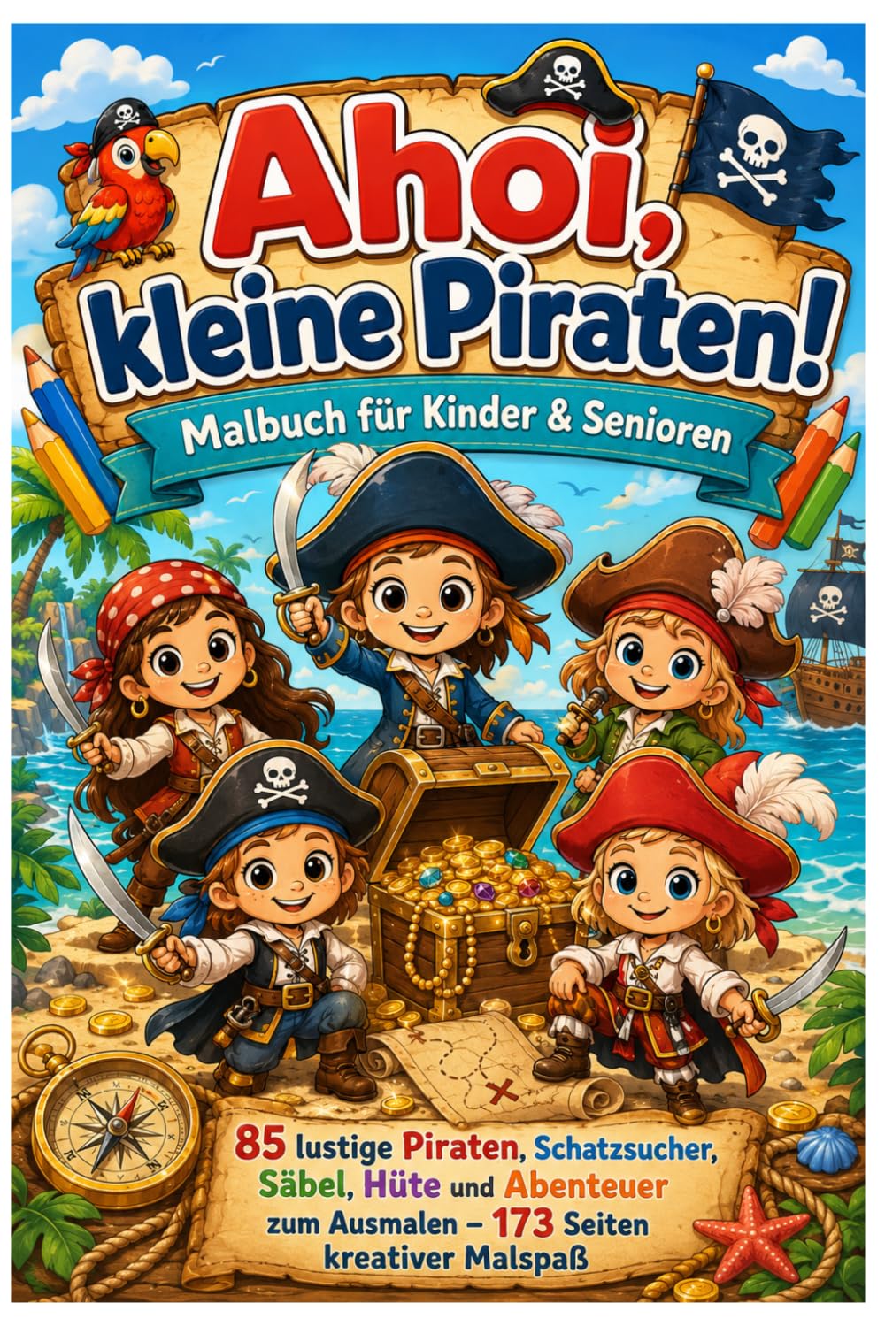 Ahoi, kleine Piraten! Malbuch für Kinder & Senioren: 85 lustige Piraten, Schatzsucher, Säbel, Hüte und Abenteuer zum Ausmalen – 173 Seiten kreativer Malspaß