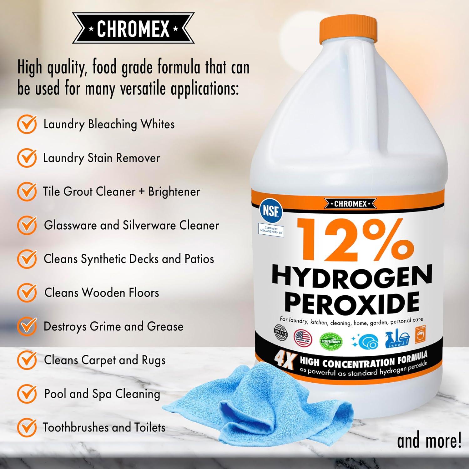 Chromex Hydrogen Peroxide 12 Percent Food Grade, 4X Power Concentrated Solution, Dilutes to 4 Gallons, Versatile Uses Include Topical Care, Home, Kitchen, Bath Cleaner, NSF Certified, 1 Gallon image 4