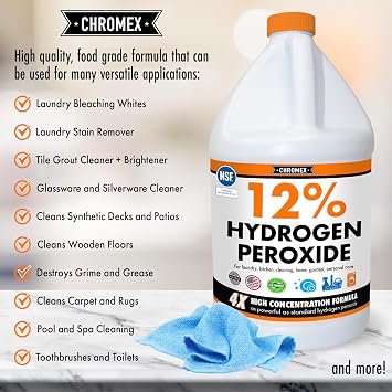 Chromex Hydrogen Peroxide 12 Percent Food Grade, 4x Power Concentrated Solution, 3 Gallons Dilute to 12 Gallons, Versatile Uses include Topical Care, Home, Kitchen, Bath Cleaner, NSF Certified