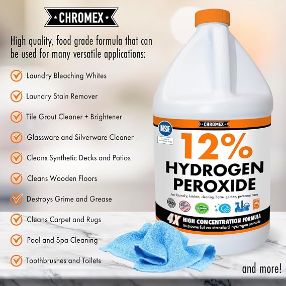 Chromex Hydrogen Peroxide 12 Percent Food Grade, 4x Power Concentrated Solution, 3 Gallons Dilute to 12 Gallons, Versatile Uses include Topical Care, Home, Kitchen, Bath Cleaner, NSF Certified