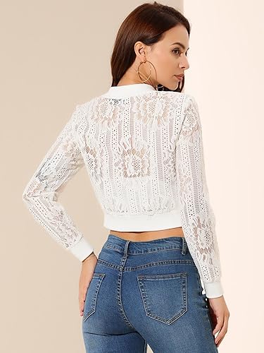 Miniatura 5 de Allegra K - Chaqueta corta de mujer con cuello levantado, cremallera, sexy, transparente, de encaje gótico, ligera, estilo béisbol