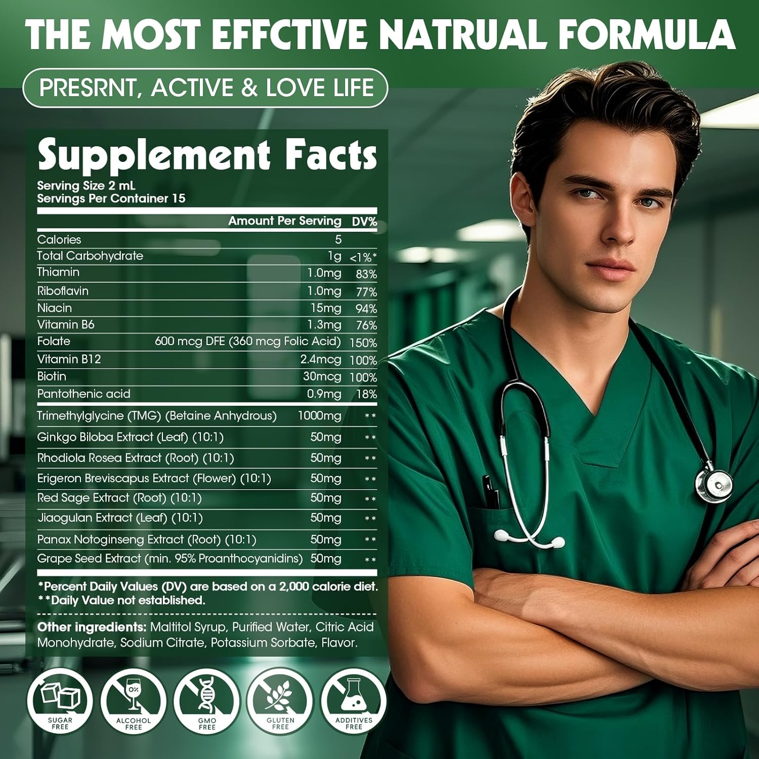 GREENPEOPLE TMG Supplements 1000MG Liquid - 16-in-1 Trimethylglycine for Liver, Energy & Methylation Support - w/Ginkgo Biloba & Vitamins - Vegan High Absorption - Strawberry Flavor 1 Fl.Oz (2 Pack)