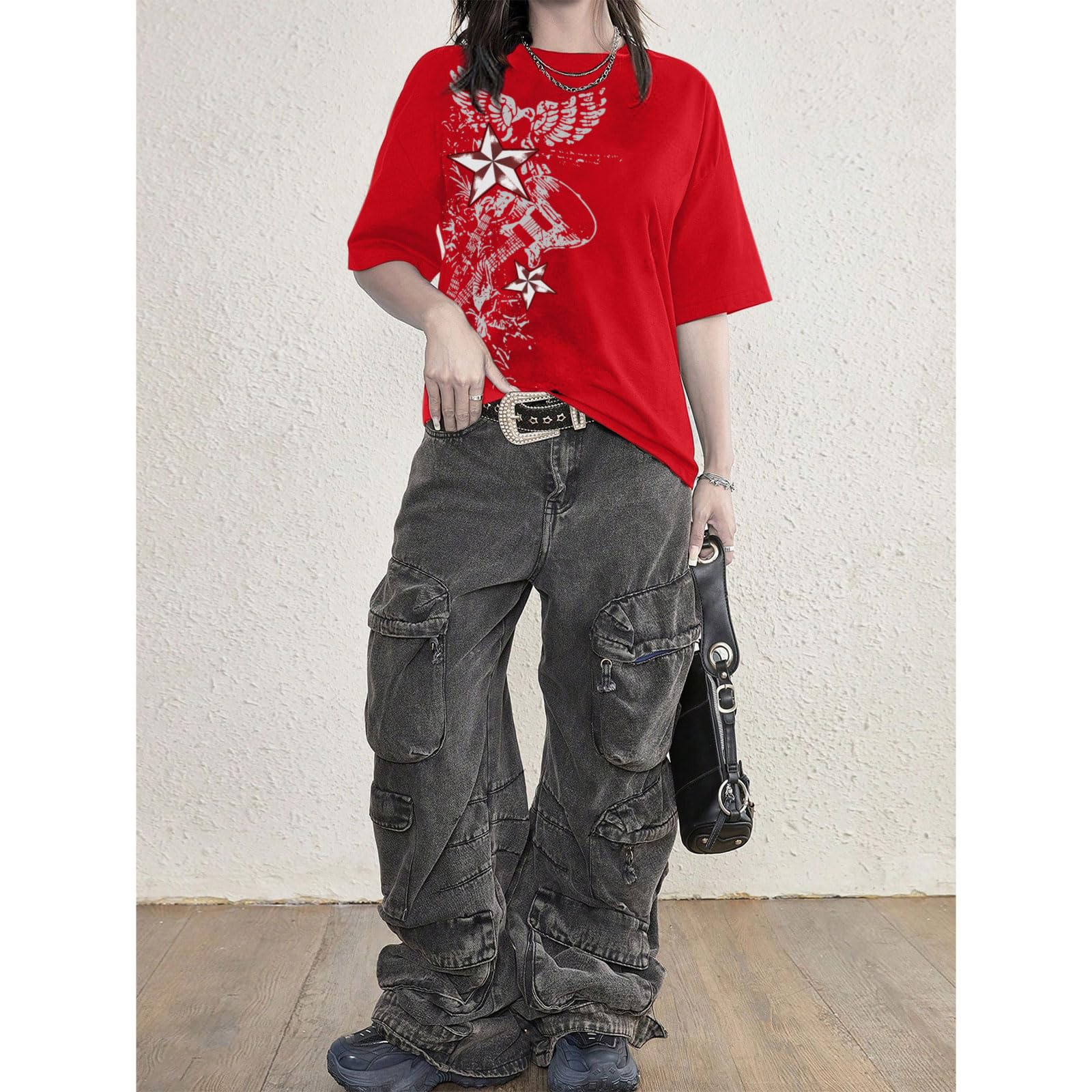 Weetiotio Vintage Rock Band T Shirts for Women Oversized Graphic Tees Country Music Y2k Grunge Shirts Baggy Streetwear Shirt: Red X-Large