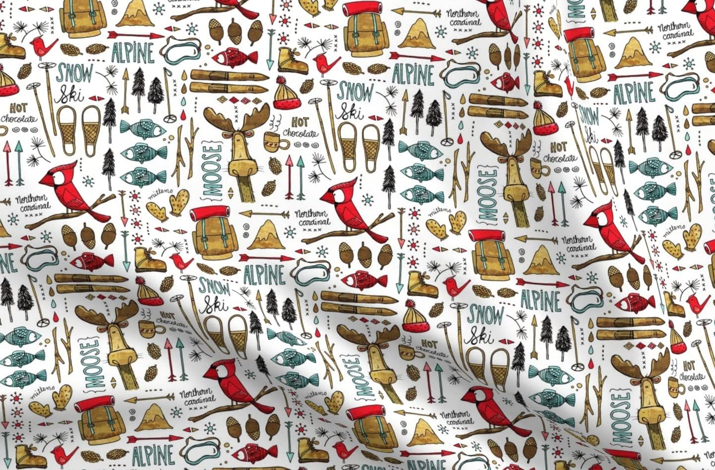 Spoonflower Fabric - Winter Adventure White Bird Moose Fish Alpine Ski Tree Mountains Printed on Upholstery Velvet Fabric Fat Quarter - Upholstery Home Decor Bottomweight Apparel