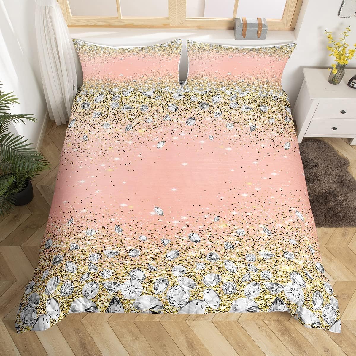 Glitter Print (No Glitter) Diamond Bedding Set for Girls