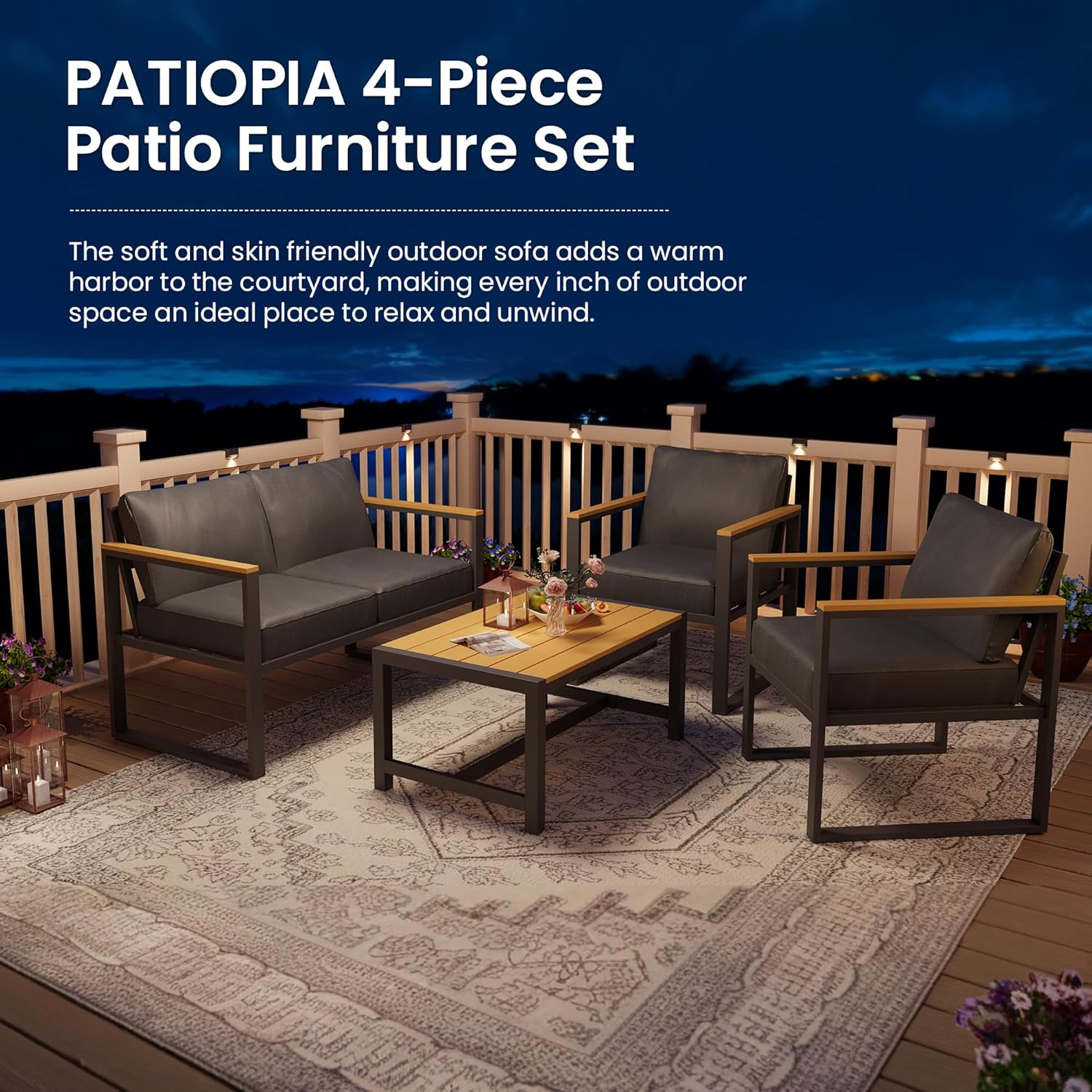 4 Pieces All-Weather Patio Conversation Set, Modern Patio Furniture, Metal Balcony Furniture with Coffee Table, Thick Cushion for Outdoor Porch, Gray