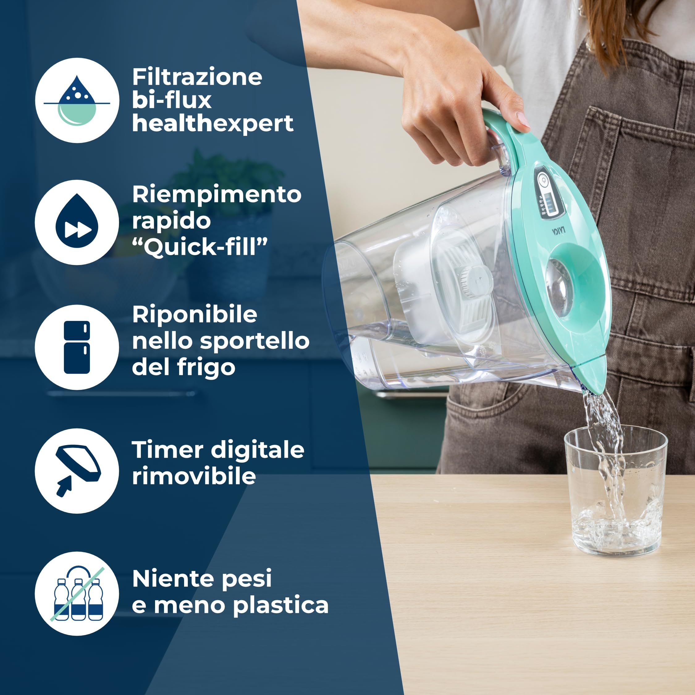 LAICA Stream Line bi-flux healthexpert Caraffa Filtrante - 2,3L Verde Acqua | 1 filtro incluso, riduce PFAS fino al 92%*, aggiunge magnesio, timer digitale e coperchio Quickfill, Made in Italy