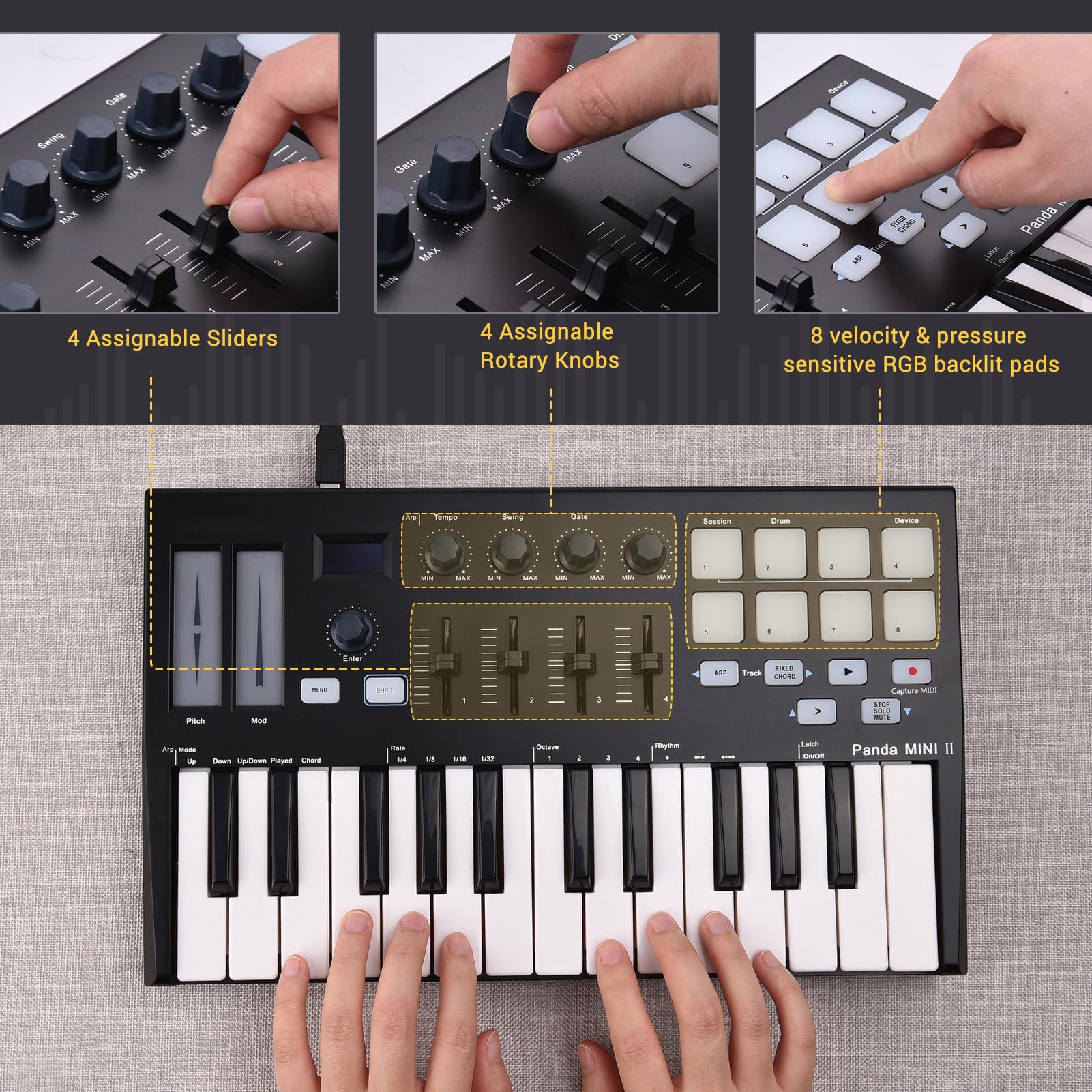 WORLDE Panda MINI II Tastiera Controller MIDI USB Portatile a 25 Tasti con Pad Retroilluminati RGB per Produttori Musicali e DJ Nero + Bianco