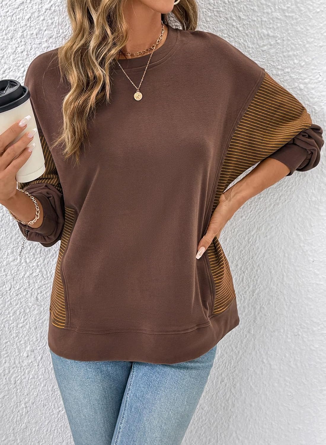 Dokotoo Oversized Crewneck Sweatshirt for Women Long Sleeve Soft Knit Tops Striped Contrast Tunic Shirts Fall Winter Clothes - Image 3