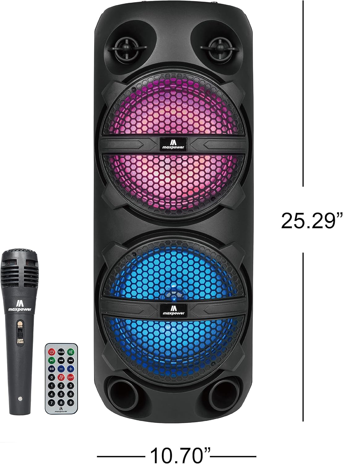 Max Power MPD816 PA Speaker with dimensions indicated: 25.29 inches height and 10.70 inches width.