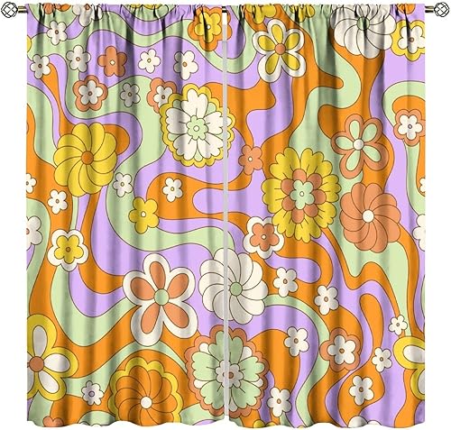 Miniatura 10 de Cortinas florales retro de los años 70, estampado de margaritas naranjas de los años 70, adecuadas para el hogar, dormitorio, ventana, decoración