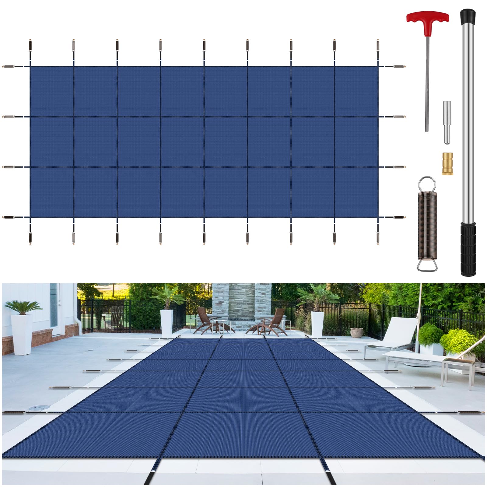 Bâche de sécurité pour piscine creusée rectangulaire, en maille solide pour piscines creusées, housse de sécurité d'hiver avec filet de sécurité et outils d'installation (bleu, convient aux piscines