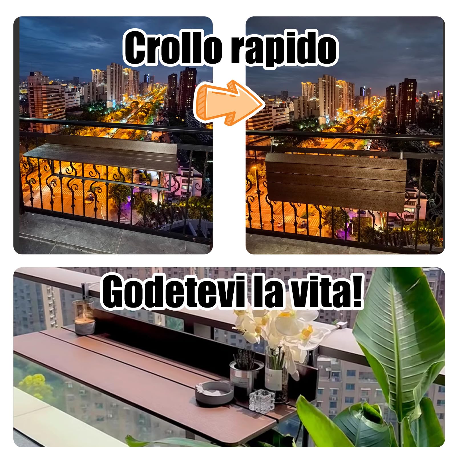 Tavolino da Ringhiera Balcone Pieghevole - Design Salvaspazio, Montaggio Rapido Senza Fori - Lega Alluminio Resistente & Materiale Ecologico per Esterni (Tavolo L 120 x P 37 cm)