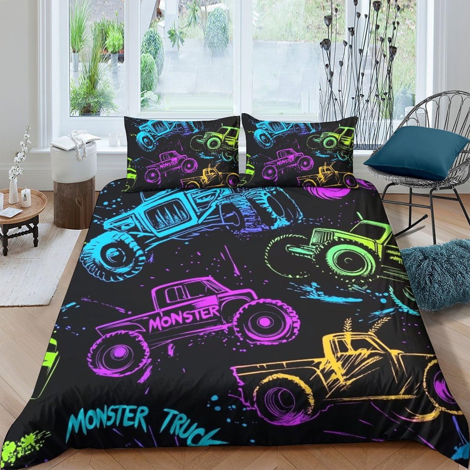 Ctjqhvkz Style-1 3D Printed Neon Monster Truck Fitted Sheet Microfiber Soft Breathable Graffiti Bed Cover For Bedroom Dorm Decor Mattress Protection Single（135X200cm）