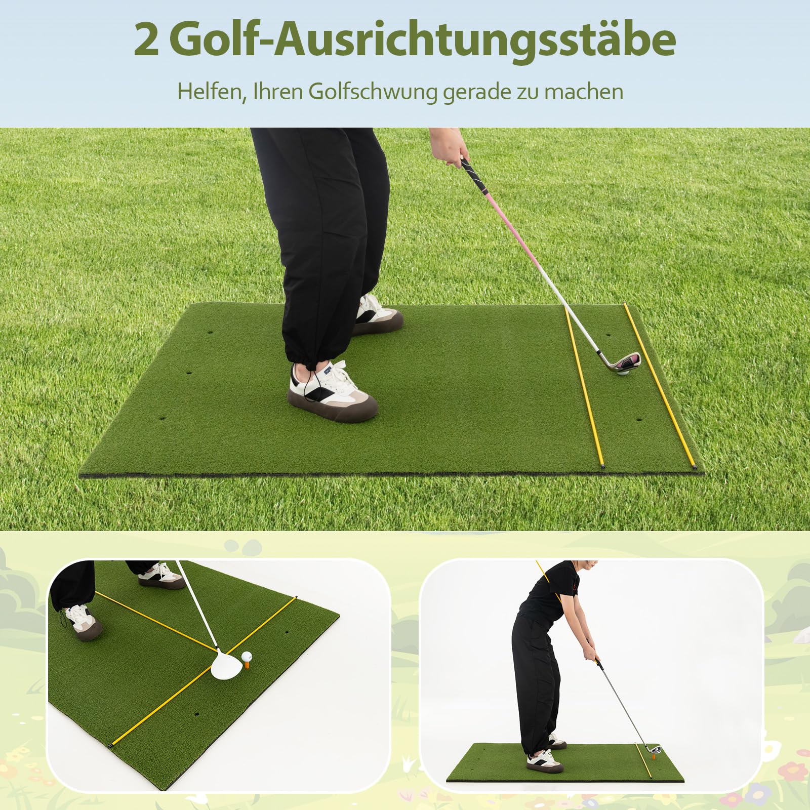 GYMAX Golf Abschlagmatte, Golf Übungsmatte mit 2 Gummi-Tees, 2 Ausrichtungsstäben & 6 Abschlagpositionen, Golf-Schlagmatte für Schwung-Training, Golfmatte für Indoor & Outdoor, 152 x 92 x 2 cm