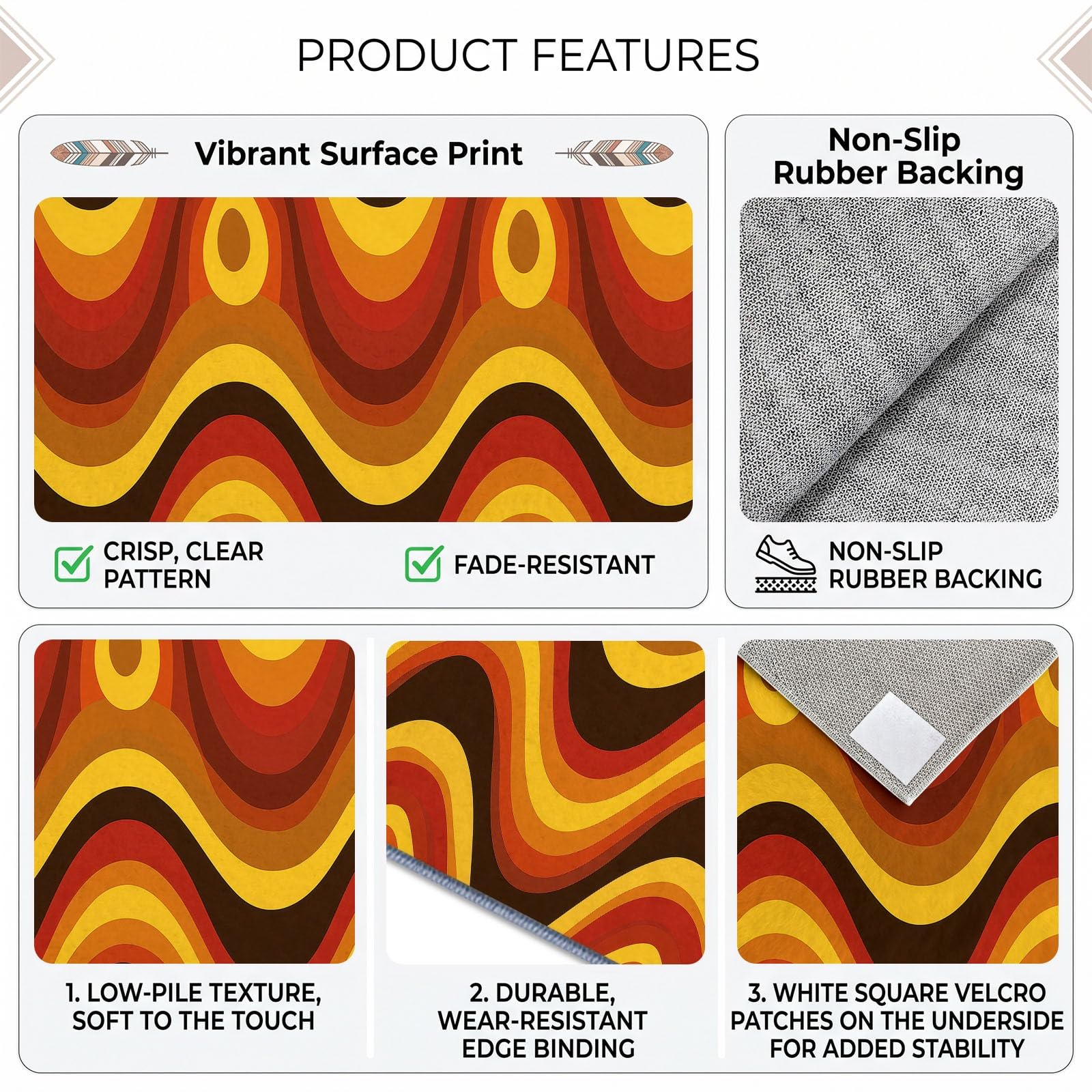 Générique Rayures Ondulées Abstraites Orange-Brun Tapis Salon 80 x 150 cm, Lavable en Machine Antidérapant Tapis Vintage pour Chambre Descente de Lit Salle a Manger Bureau