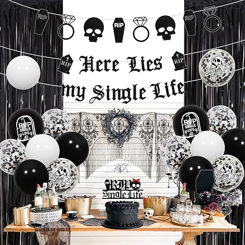 Miniatura 2 de Decoraciones góticas para despedida de soltera, Here Lies My Single Life, globos negros de despedida de soltera, pancarta de telón de fondo con