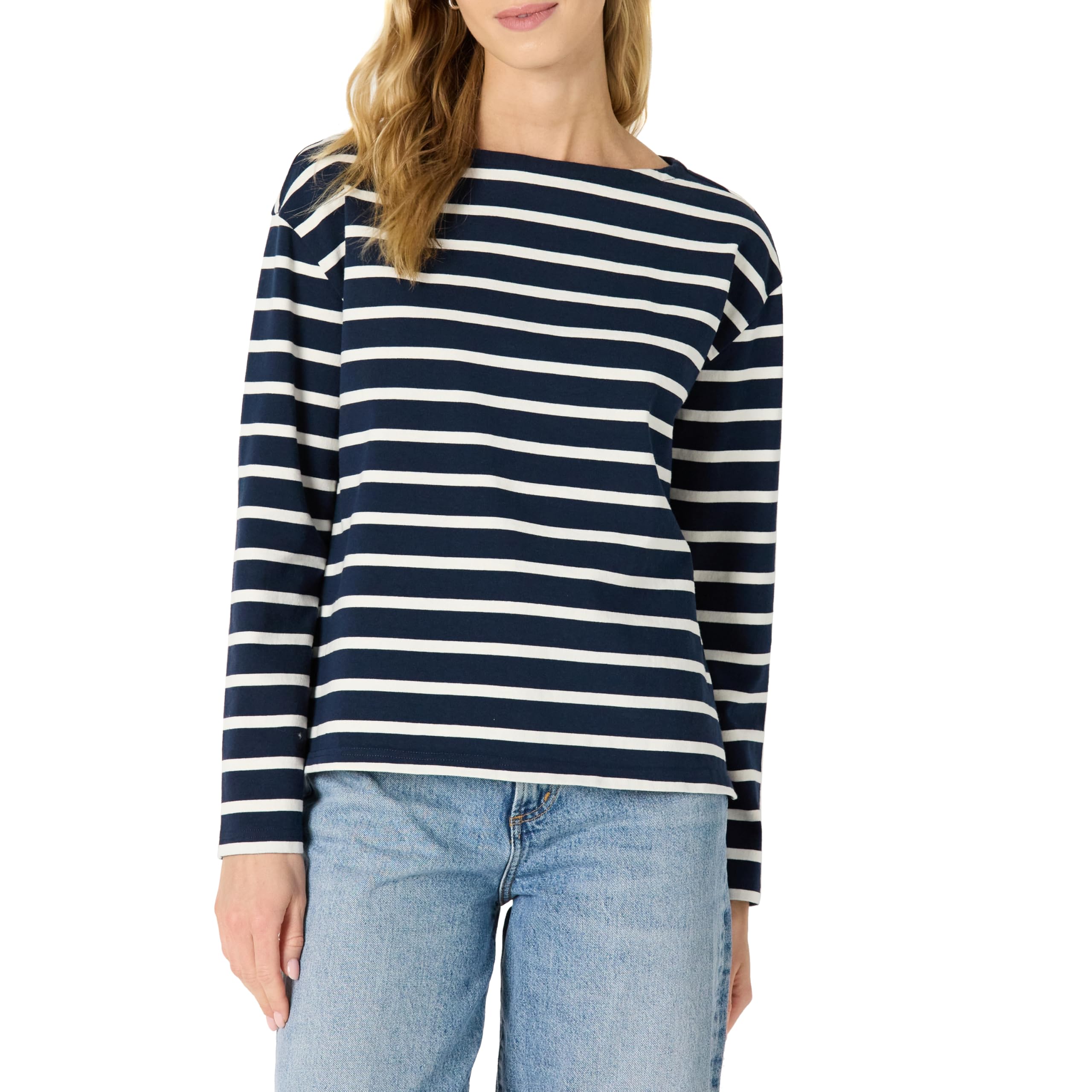 Amazon Essentials Women's 100% Cotton Heavyweight Relaxed-Fit Long-Sleeve Boatneck Top, Navy Eggshell White Mariner Stripes, XXS